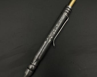 Handmade Damascus Steel Pen: Brass Accents, Luxury Writing Instrument 5th Anniversa Gift.