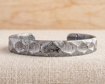 Hand-Forged Hammered Damascus Steel Cuff Bracelet, Men's Rustic Bangle.