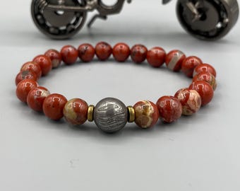 Red Jasper Beaded Bracelet with Damascus Steel Centerpiece | Mens Stone Jewelry
