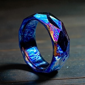 Faceted Anodized Titanium Ring | Colorful Heat-Treated Band | Handmade Men’s Ring