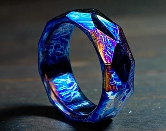 Faceted Anodized Titanium Ring | Colorful Heat-Treated Band | Handmade Men’s Ring