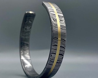 Hand-Forged Damascus Steel Cuff Bracelet | Gold Inlay, Woodgrain Pattern Valantine's Gift 5th Anniversary Gift.