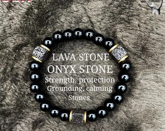 Men’s Lava Stone & Onyx Bracelet | Strength Protection | Handmade Beaded Bracelet Gift for Him