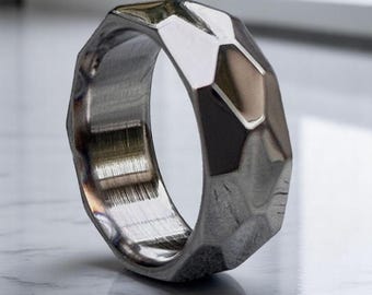 Men’s Faceted Titanium Ring | Geometric Silver Wedding Band, Handmade 5th Anniversary Gift