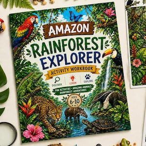 Könnte beinhalten: Ein Amazon Rainforest Explorer Aktivitätsbuch, ein I-Spy Spielblatt und ein Informationsblatt über den Gelbbrustara. Die Artikel sind umgeben von Tierfiguren, einer Lupe, einem Fernglas, Stiften, einem Notizbuch und einem Kompass.