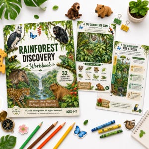 Rainforest Discovery Workbook | 32 Printable Activities | Ages 4-7 | Rainforest Layers | I Spy | Flashcards | Montessori PDF
