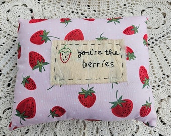 You're The Berries Strawberry Stitchery Pillow ~RTS, Farmhouse Decor, Cottage Decor, Summer Decor, Bee pillow, Tiered Tray Decor, Handmade