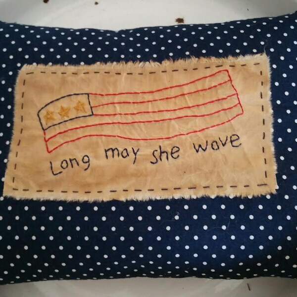 Primitive Stitchery Long May She Wave Flag Pillow OFG