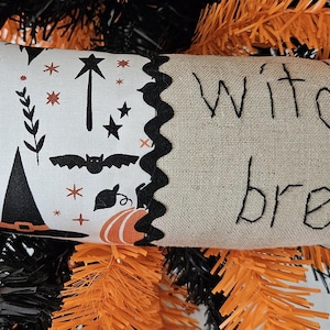 Witches Brew Linen and Ric Rac Primitive Halloween Stitchery Pillow ~ Farmhouse Decor, Halloween Decor, Witch Pillow, Bowl Filler, Spooky