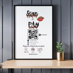Znak Scan to Pay z konfigurowalnym kodem QR, gotówką, kartą, akceptacją Apple Pay, motywem czekolady i truskawek, znak płatności dla małych firm