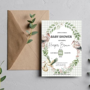 Uitnodiging babyshower ooievaar | Groene zachte uitnodiging | Schattige babyaankondiging ooievaar | Bewerkbare sjabloon | Direct downloaden | Aanpasbare kaart