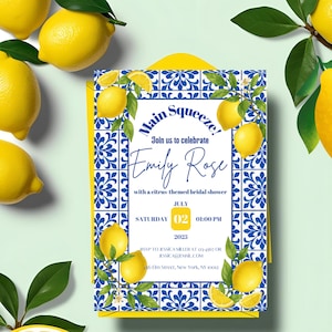 Convite para chá de panela com limão italiano | Convite para espremer principal | Azulejos azuis da Costa Amalfitana | Chá de panela mediterrâneo | Modelo editável