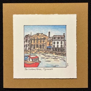 The Customs House and Three Crowns Pub Plymouth Watercolour Greetings Card