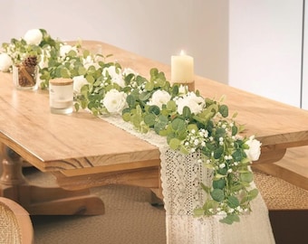 6ft Eucalyptus Rose Garland with Gypsophila | White Flower Table Runner for Wedding Arch Home Decor