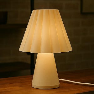 May include: A cream-colored table lamp with a pleated lampshade sits on a wooden desk. The lamp is illuminated, casting a warm glow. A closed black notebook and a laptop are also on the desk. The background includes a shelf with cameras and framed pictures.