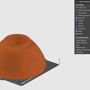 May include: A 3D model of a dome-shaped object, rendered in orange. The model is displayed on a gridded platform. The image includes a chart with details about the model's dimensions, filament usage, and estimated printing time.
