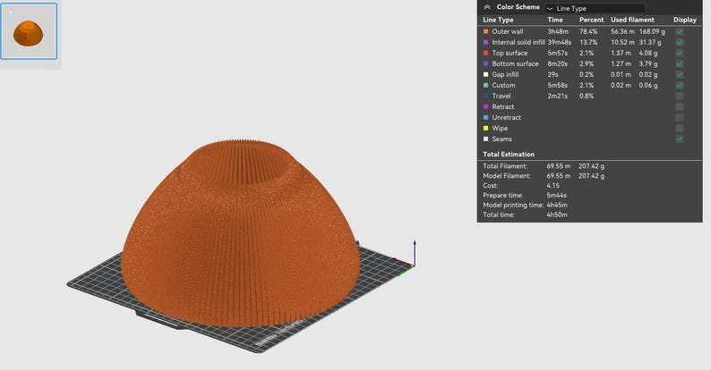 May include: A 3D model of a dome-shaped object, rendered in orange. The model is displayed on a gridded platform. The image includes a chart with details about the model's dimensions, filament usage, and estimated printing time.