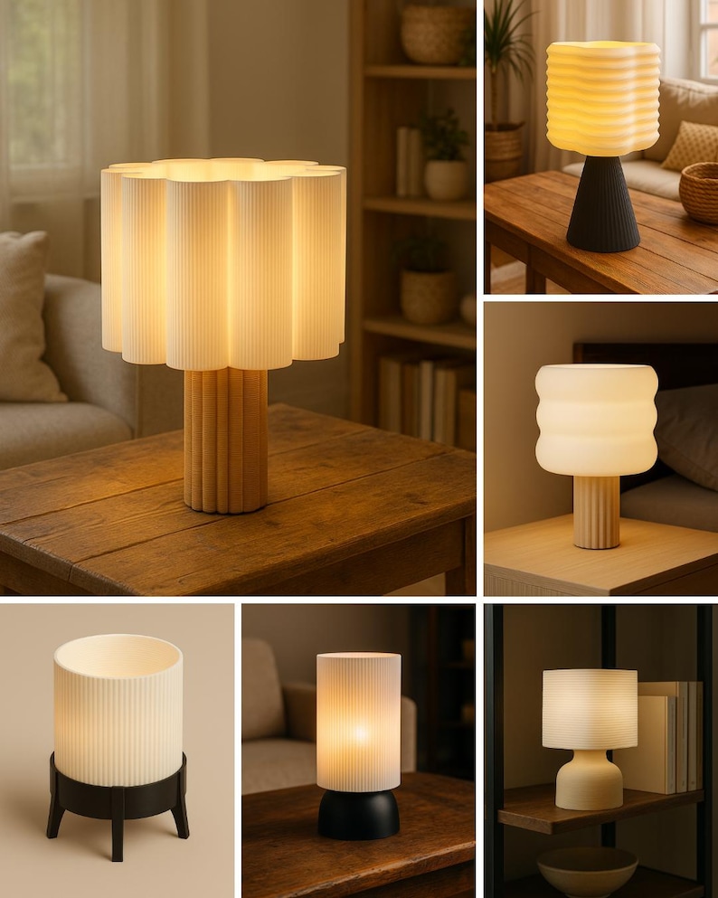 May include: A collection of table lamps featuring various designs, including fluted white glass shades and cylindrical or tapered bases in black, white, or wood-toned finishes. These lamps emit a warm, soft glow and display diverse textures.