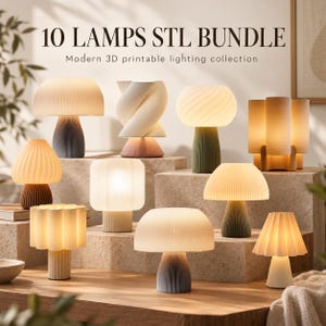 May include: A collection of ten 3D printable lamps with the text 10 LAMPS STL BUNDLE Modern 3D printable lighting collection. The lamps feature various shapes, including mushroom-like designs, ribbed textures, and twisted forms in neutral tones.