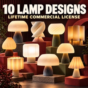 Op de afbeelding: Een collectie van 10 tafellampen met diverse vormen, waaronder paddenstoelstijlen, gedraaide en cilindrische ontwerpen, die een warme gloed uitstralen. De tekst 10 LAMP DESIGNS LIFETIME COMMERCIAL LICENSE staat bovenaan de afbeelding.