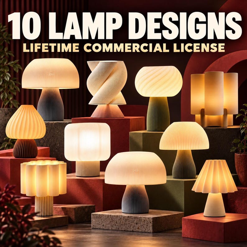 Op de afbeelding: Een collectie van 10 tafellampen met diverse vormen, waaronder paddenstoelstijlen, gedraaide en cilindrische ontwerpen, die een warme gloed uitstralen. De tekst 10 LAMP DESIGNS LIFETIME COMMERCIAL LICENSE staat bovenaan de afbeelding.