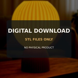 Puede incluir: Una descarga digital para una l&aacute;mpara imprimible en 3D con una pantalla esf&eacute;rica amarilla estriada y una base cil&iacute;ndrica de color marr&oacute;n oscuro. La imagen incluye el texto: DIGITAL DOWNLOAD, STL FILES ONLY, NO PHYSICAL PRODUCT.