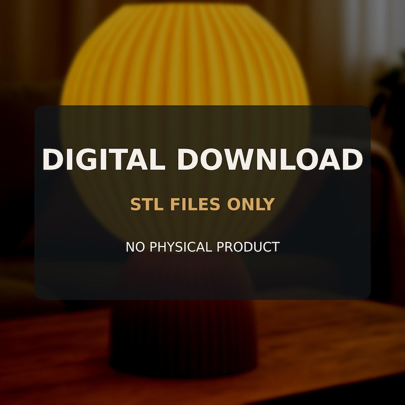 Puede incluir: Una descarga digital para una l&aacute;mpara imprimible en 3D con una pantalla esf&eacute;rica amarilla estriada y una base cil&iacute;ndrica de color marr&oacute;n oscuro. La imagen incluye el texto: DIGITAL DOWNLOAD, STL FILES ONLY, NO PHYSICAL PRODUCT.