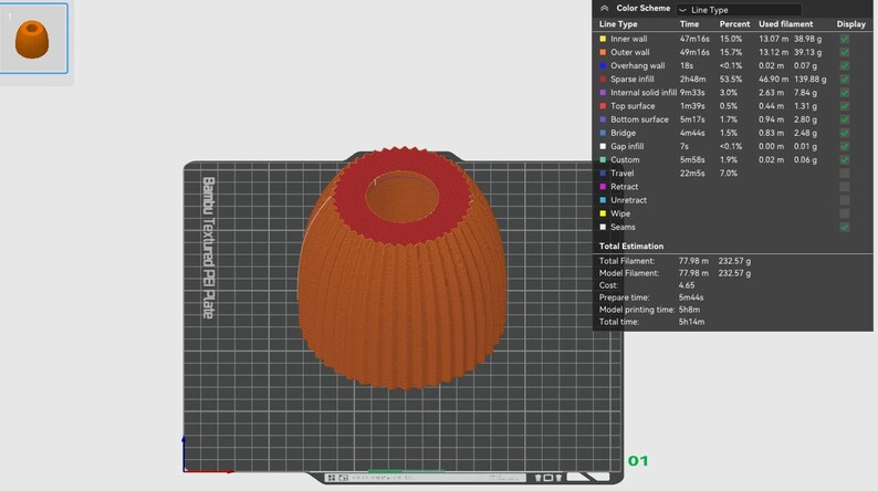 Puede incluir: Un modelo 3D digital de un objeto acanalado en forma de campana con una base ancha y una abertura circular en la parte superior. El objeto se muestra en naranja con un borde interior rojo sobre una placa de construcci&oacute;n con patr&oacute;n de rejilla.