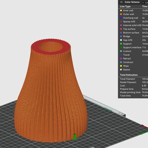 May include: A 3D printed vase with a ribbed design. The vase is orange and has a red rim. The image shows a 3D printing preview with a breakdown of the print time and filament used.