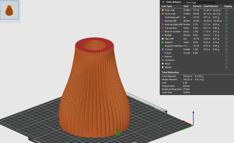 May include: A 3D printed vase with a ribbed design. The vase is orange and has a red rim. The image shows a 3D printing preview with a breakdown of the print time and filament used.