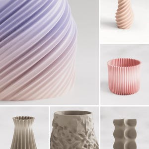 May include: A collection of six vases featuring various geometric textures and shapes. The items include a lavender and peach gradient spiral vase, a peach twisted vase, a pink pleated cylindrical vase, a beige fluted vase, a textured beige vase, and a grey wavy vase.