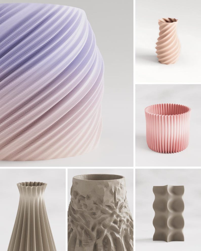 May include: A collection of six vases featuring various geometric textures and shapes. The items include a lavender and peach gradient spiral vase, a peach twisted vase, a pink pleated cylindrical vase, a beige fluted vase, a textured beige vase, and a grey wavy vase.