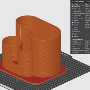 Pode incluir: Um organizador de mesa laranja impresso em 3D com textura de gr&atilde;o de madeira. O design apresenta uma base retangular com tr&ecirc;s compartimentos curvos de tamanhos variados. O modelo &eacute; exibido em uma grade preta.