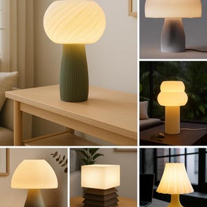 May include: A collection of six table lamps featuring various designs, including mushroom-shaped shades with ribbed textures, a square tiered base lamp, and a pleated shade lamp, all emitting a warm, soft glow from their illuminated glass tops.
