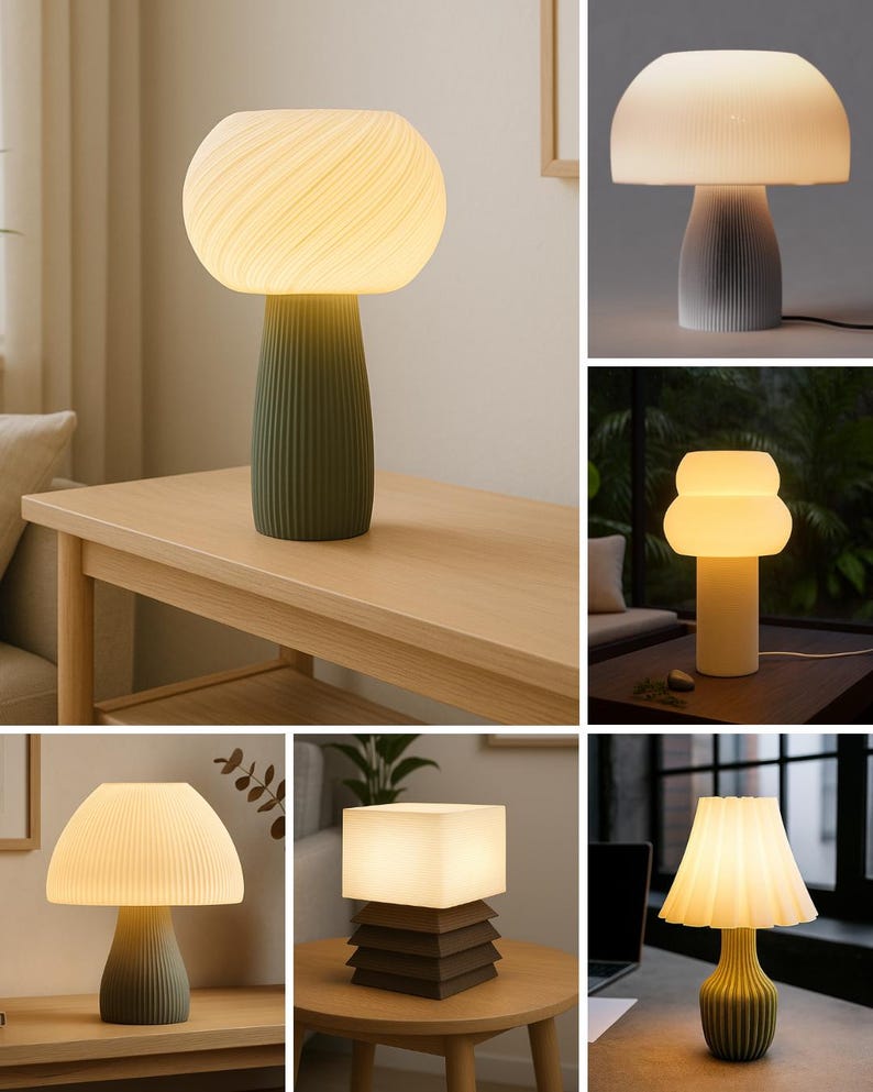 May include: A collection of six table lamps featuring various designs, including mushroom-shaped shades with ribbed textures, a square tiered base lamp, and a pleated shade lamp, all emitting a warm, soft glow from their illuminated glass tops.