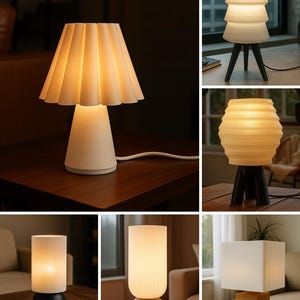May include: A collection of six table lamps featuring various white, ribbed, or layered shades paired with solid bases in black, gray, or wood tones. Each lamp emits a warm, soft glow, showcasing distinct geometric shapes including conical, cylindrical, and square designs.