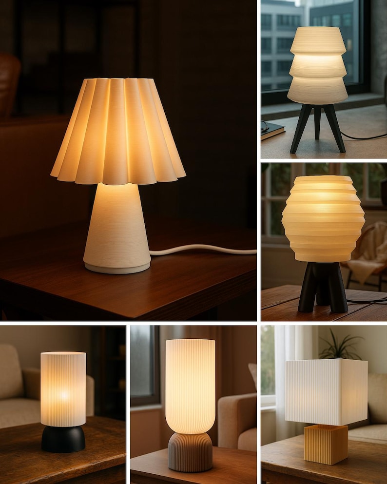 May include: A collection of six table lamps featuring various white, ribbed, or layered shades paired with solid bases in black, gray, or wood tones. Each lamp emits a warm, soft glow, showcasing distinct geometric shapes including conical, cylindrical, and square designs.