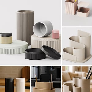 May include: A collection of ribbed desk organizers and storage containers in various shapes and colors, including cylindrical canisters with lids, rectangular boxes, and multi-compartment organizers in shades of beige, black, gray, and pink.