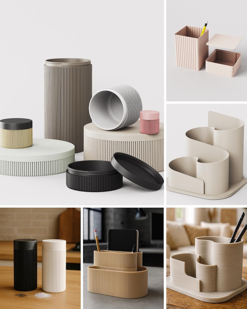 May include: A collection of ribbed desk organizers and storage containers in various shapes and colors, including cylindrical canisters with lids, rectangular boxes, and multi-compartment organizers in shades of beige, black, gray, and pink.