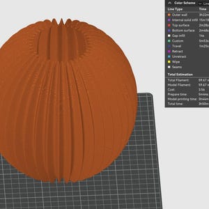 Puede incluir: Un modelo 3D de un objeto esf&eacute;rico, naranja y acanalado, mostrado en una interfaz digital Bambu Textured PE Plate. La pantalla muestra datos t&eacute;cnicos de impresi&oacute;n, incluyendo un uso total de filamento de 177,97 gramos y 3 horas y 50 minutos de tiempo.