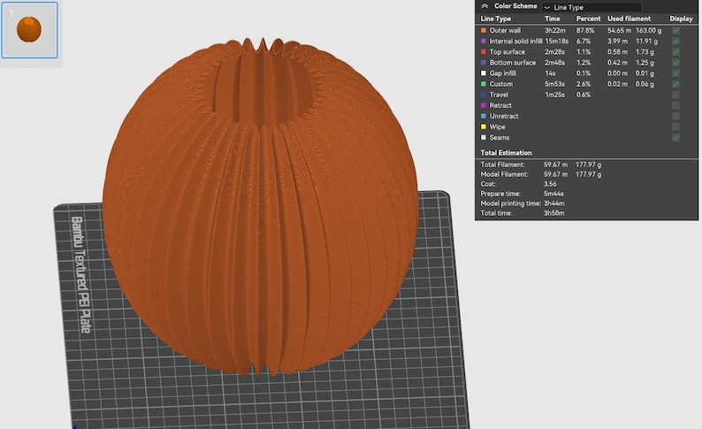 Puede incluir: Un modelo 3D de un objeto esf&eacute;rico, naranja y acanalado, mostrado en una interfaz digital Bambu Textured PE Plate. La pantalla muestra datos t&eacute;cnicos de impresi&oacute;n, incluyendo un uso total de filamento de 177,97 gramos y 3 horas y 50 minutos de tiempo.