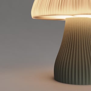 May include: A mushroom-shaped table lamp with a pleated, off-white shade and a textured, dark green base.