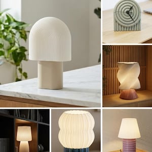 May include: A collection of six table lamps and a clock featuring various geometric shapes, including arched, twisted, and ribbed designs in neutral and colored finishes, showcasing diverse textures and structural forms for interior lighting.