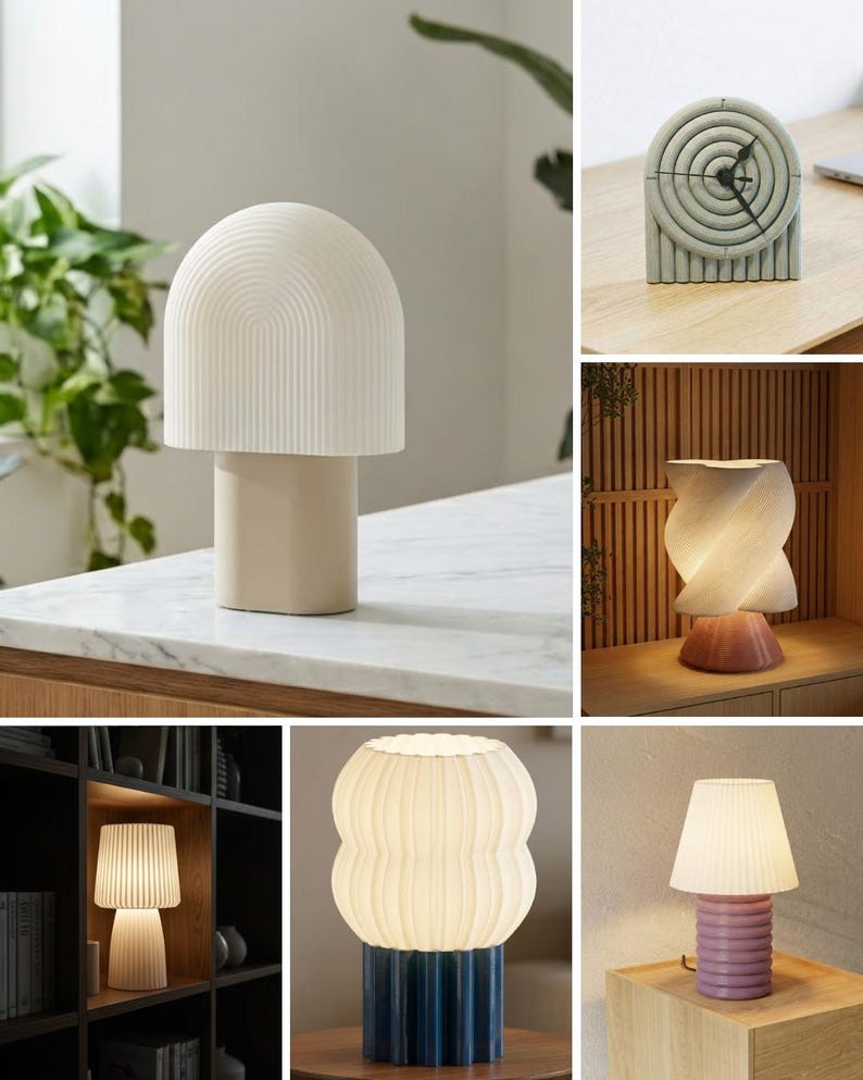 May include: A collection of six table lamps and a clock featuring various geometric shapes, including arched, twisted, and ribbed designs in neutral and colored finishes, showcasing diverse textures and structural forms for interior lighting.