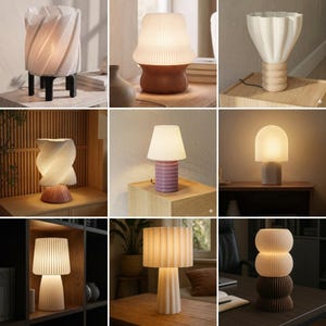 May include: A collection of nine table lamps featuring various designs, including twisted, ribbed, and stacked geometric shapes in white, brown, pink, and purple tones, each emitting a warm, soft glow from their illuminated shades.