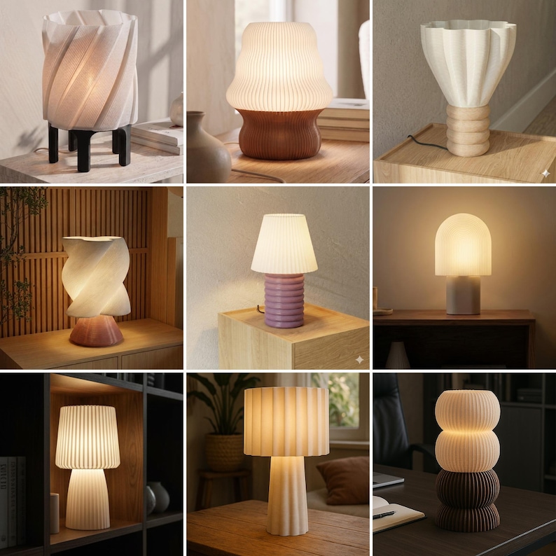May include: A collection of nine table lamps featuring various designs, including twisted, ribbed, and stacked geometric shapes in white, brown, pink, and purple tones, each emitting a warm, soft glow from their illuminated shades.