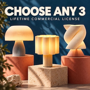 May include: Three illuminated table lamps with textured surfaces. The left lamp has a mushroom-shaped shade, the center lamp features a fluted cylindrical design, and the right lamp has a twisted, spiraling form. Text reads CHOOSE ANY 3 LIFETIME COMMERCIAL LICENSE.