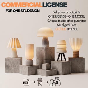 May include: A commercial license for one STL design featuring five distinct 3D printed lamps on concrete blocks. Text includes COMMERCIAL LICENSE, FOR ONE STL DESIGN, Sell physical 3D prints, ONE LICENSE=ONE MODEL, Choose model after purchase, STL digital Files, LIFETIME LICENSE.