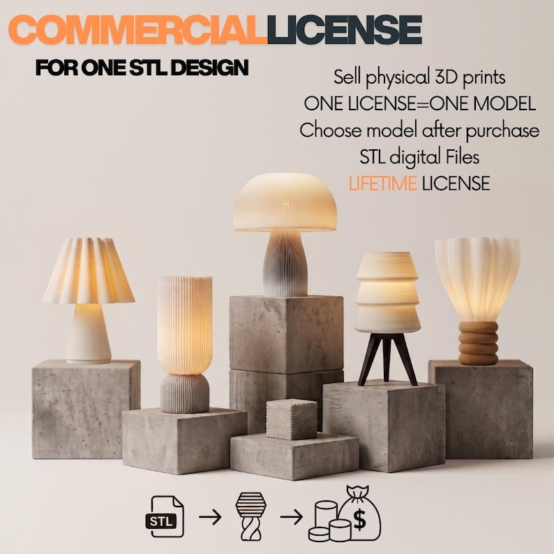 May include: A commercial license for one STL design featuring five distinct 3D printed lamps on concrete blocks. Text includes COMMERCIAL LICENSE, FOR ONE STL DESIGN, Sell physical 3D prints, ONE LICENSE=ONE MODEL, Choose model after purchase, STL digital Files, LIFETIME LICENSE.