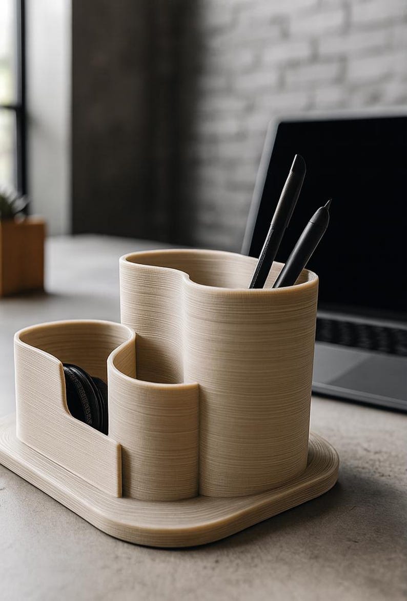Pode incluir: Um organizador de secret&aacute;ria bege com tr&ecirc;s compartimentos e uma base de bandeja. Cont&eacute;m canetas e auscultadores. O design &eacute; moderno e minimalista, adequado para escrit&oacute;rio ou casa.